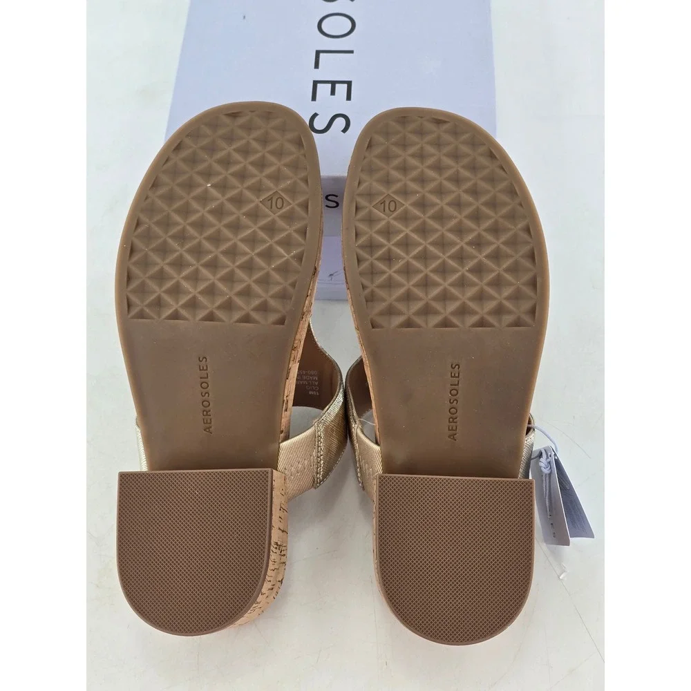 Aerosoles Clio Sandals Womens Size 10M Gold T-Strap Cork Wedge - New
